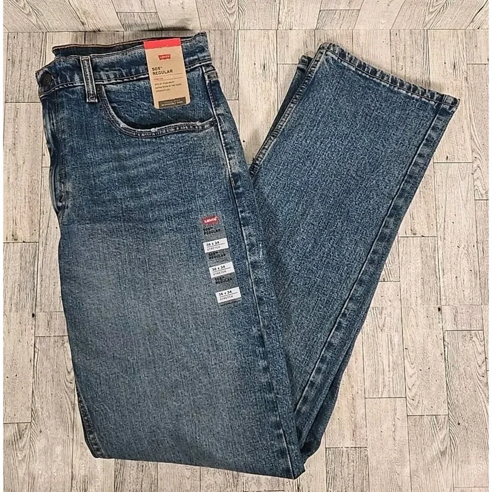 Levis Jeans 505 Regular 36x34 Mens Denim Straight Leg Medium Wash Stretch NEW